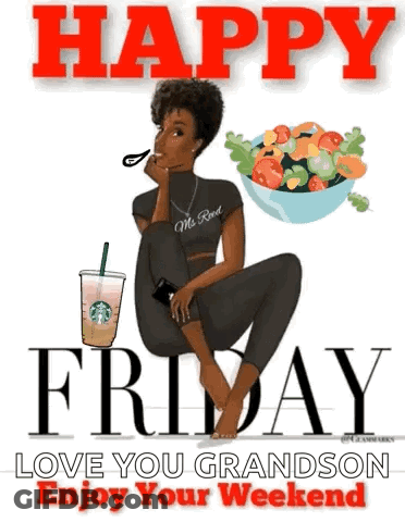 A Cartoon Of A Woman Sitting Next To A Bowl Of Vegetables And A Starbucks Cup . GIF