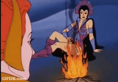 A Cartoon Of A Woman Sitting Next To A Fire With Her Legs Crossed . GIF
