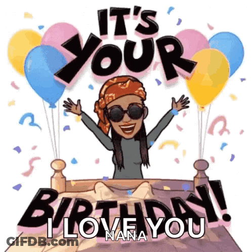 A Cartoon Of A Woman Sitting On A Bed With Balloons And Confetti Saying It 'S Your Birthday I Love You GIF