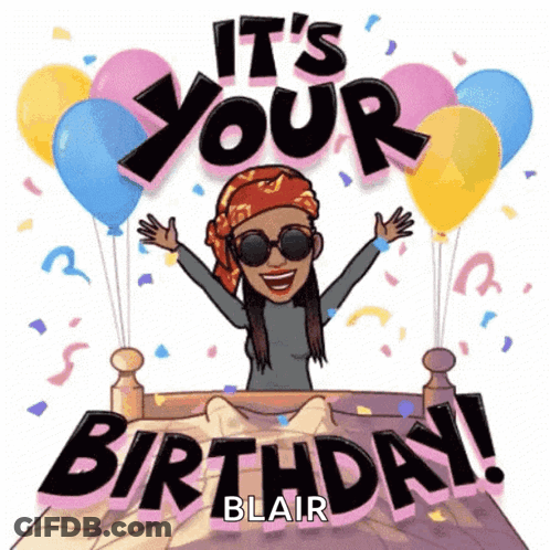 A Cartoon Of A Woman Sitting On A Bed With The Words It 'S Your Birthday Blair Below Her GIF