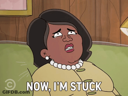 A Cartoon Of A Woman Sitting On A Couch With The Words Now I 'M Stuck Below Her GIF
