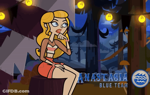 A Cartoon Of A Woman Sitting On A Stump With Anastasia Blue Team Written On The Bottom Right GIF