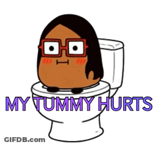 A Cartoon Of A Woman Sitting On A Toilet With The Words " My Tummy Hurts " GIF