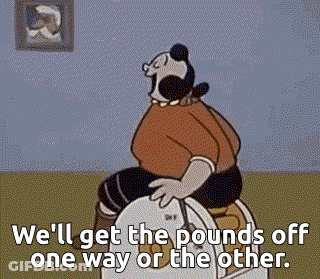 A Cartoon Of A Woman Sitting On A Toilet With The Words `` We 'Ll Get The Pounds Off One Way Or The Other '' GIF