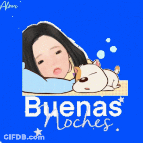 A Cartoon Of A Woman Sleeping Next To A Cat With The Words Buenas Noches Below Her GIF