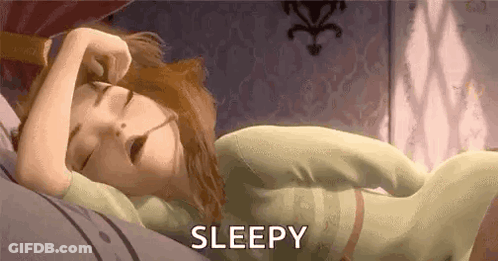 A Cartoon Of A Woman Sleeping On A Bed With Her Eyes Closed And The Word Sleepy Above Her . GIF