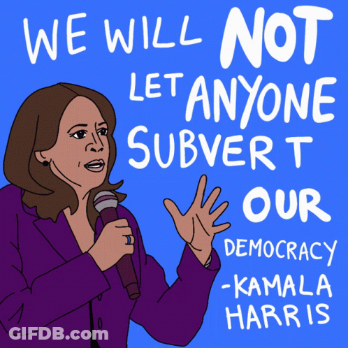 A Cartoon Of A Woman Speaking Into A Microphone With The Words We Will Not Let Anyone Subvert Our Democracy GIF