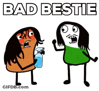 A Cartoon Of A Woman Spraying Water On Another Woman 'S Face With The Words Bad Bestie Written Above Them GIF