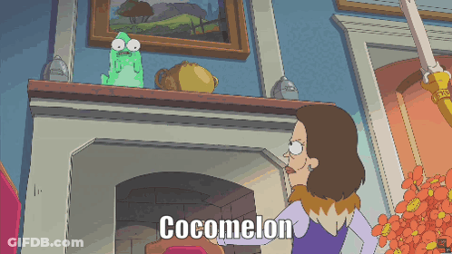 A Cartoon Of A Woman Standing In Front Of A Fireplace With The Words Cocomelon Written On The Bottom GIF