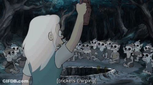 A Cartoon Of A Woman Standing In Front Of A Group Of Goblins With The Caption Crickets Chirping GIF