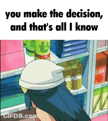 A Cartoon Of A Woman Standing In Front Of A Shelf That Says You Make The Decision GIF