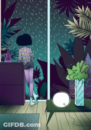 A Cartoon Of A Woman Standing In Front Of A Window In The Rain . GIF