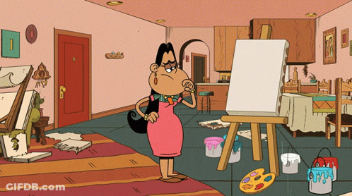 A Cartoon Of A Woman Standing In Front Of An Easel With Paint Buckets On The Floor GIF