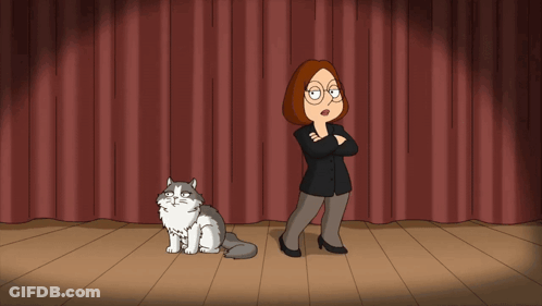 A Cartoon Of A Woman Standing Next To A Cat GIF