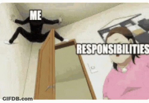 A Cartoon Of A Woman Standing Next To A Door With The Words `` Me Responsibility '' Written On It . GIF