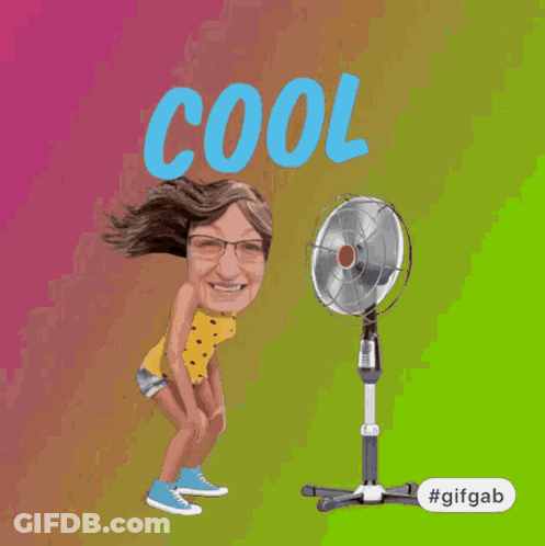 A Cartoon Of A Woman Standing Next To A Fan With The Words " Stay Cool " Written On It GIF
