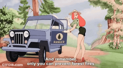 A Cartoon Of A Woman Standing Next To A Jeep That Says Ranger On It GIF