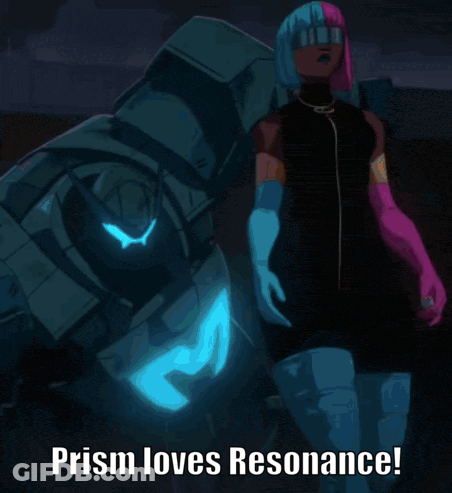 A Cartoon Of A Woman Standing Next To A Robot With The Words Prism Loves Resonance GIF