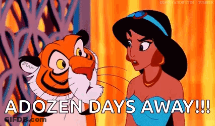 A Cartoon Of A Woman Standing Next To A Tiger With The Words `` Dozen Days Away '' . GIF