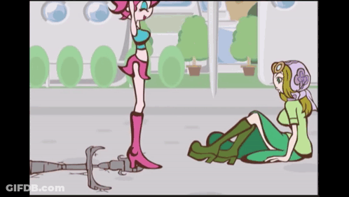 A Cartoon Of A Woman Standing Next To Another Woman Who Is Laying On The Ground GIF