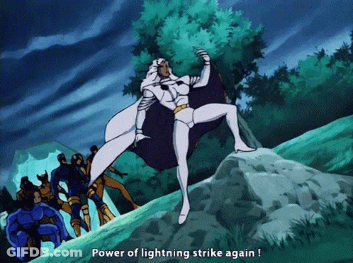 A Cartoon Of A Woman Standing On A Hill With The Words Power Of Lightning Strike Again Below Her GIF