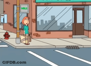 A Cartoon Of A Woman Standing On A Sidewalk In Front Of A Store Called Walk GIF