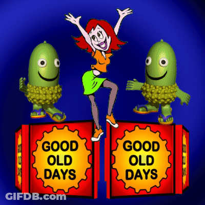 A Cartoon Of A Woman Standing On Top Of A Good Old Days Sign GIF