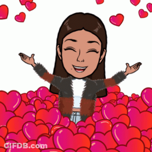A Cartoon Of A Woman Surrounded By Pink Hearts With Her Arms Outstretched GIF