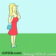 A Cartoon Of A Woman Talking On A Cell Phone And A Man Standing Next To Her With His Arms Crossed GIF