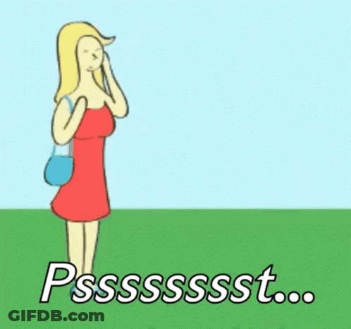 A Cartoon Of A Woman Talking On A Cell Phone Next To A Man With An Eye On His Face That Says Psssssst GIF
