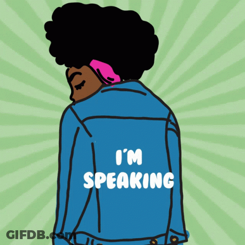 A Cartoon Of A Woman Talking On A Cell Phone With The Words I 'M Speaking On The Back Of Her Jacket GIF