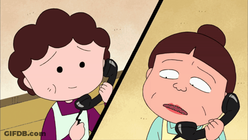 A Cartoon Of A Woman Talking On A Phone Next To Another Woman GIF