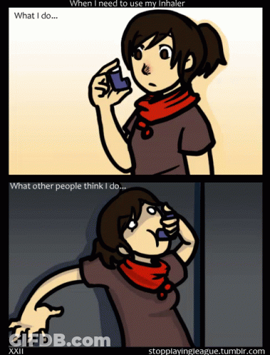 A Cartoon Of A Woman Using An Inhaler And What Other People Think GIF