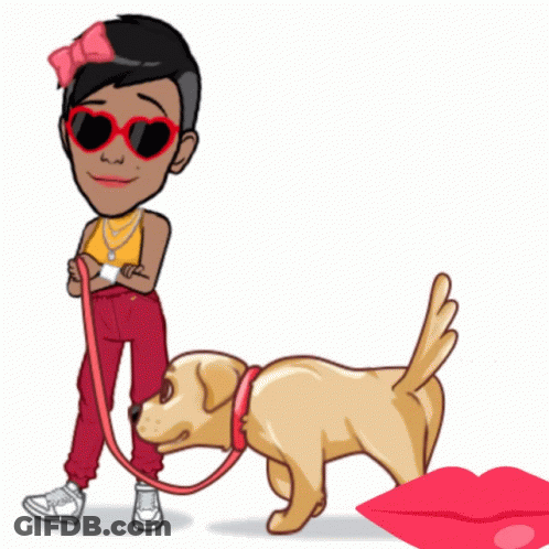 A Cartoon Of A Woman Walking A Dog With Music Notes Coming Out Of Her Mouth GIF