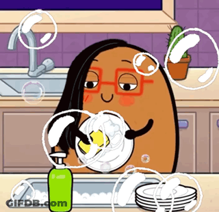 A Cartoon Of A Woman Washing Dishes In A Kitchen Sink GIF