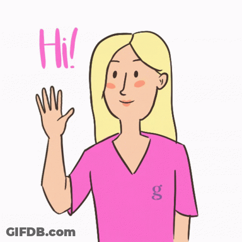 A Cartoon Of A Woman Waving Her Hand With The Word Hi Written Above Her GIF