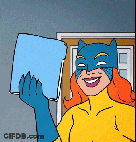 A Cartoon Of A Woman Wearing A Cat Mask Holding A Blue Folder GIF