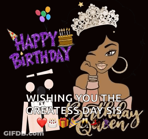 A Cartoon Of A Woman Wearing A Crown And A Birthday Cake With The Words `` Wishing You The Greatest Days Of Your Life '' GIF