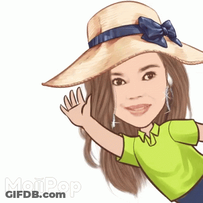 A Cartoon Of A Woman Wearing A Hat And A Green Shirt Says Mojipop GIF