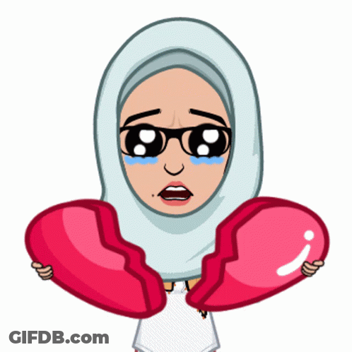 A Cartoon Of A Woman Wearing A Hijab Holding Two Broken Hearts GIF