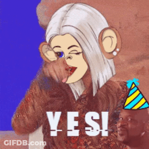 A Cartoon Of A Woman Wearing A Party Hat And The Words Yes GIF