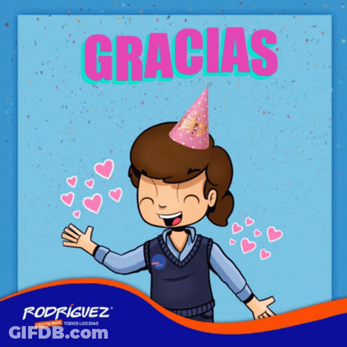 A Cartoon Of A Woman Wearing A Party Hat With The Words Gracias Written Above Her GIF