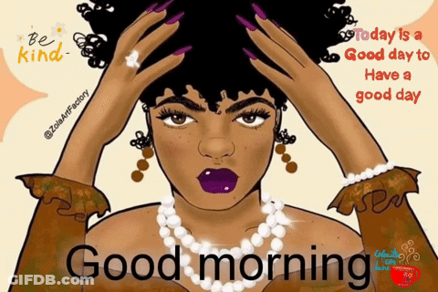 A Cartoon Of A Woman Wearing A Pearl Necklace With The Words " Good Morning " On The Bottom GIF