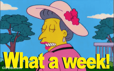 A Cartoon Of A Woman Wearing A Pink Hat With The Words What A Week Written Below Her GIF