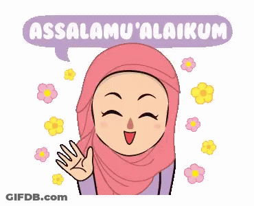 A Cartoon Of A Woman Wearing A Pink Hijab Waving Her Hand And Saying Assalamu 'Alaikum . GIF