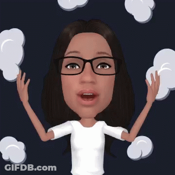 A Cartoon Of A Woman Wearing Glasses With Her Hands In The Air GIF