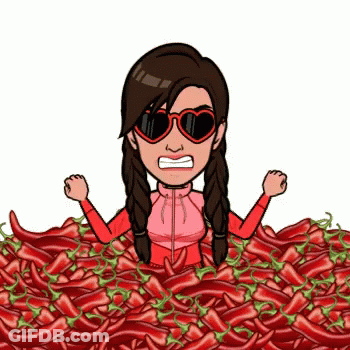 A Cartoon Of A Woman Wearing Heart Shaped Sunglasses Surrounded By Red Peppers GIF