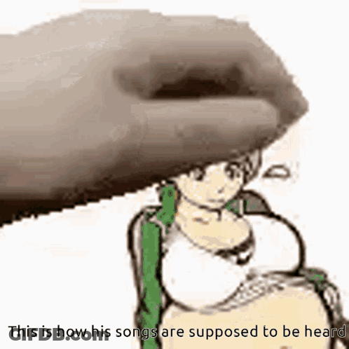 A Cartoon Of A Woman With A Huge Belly And The Words " This Is How His Songs Are Supposed To Be Heard " GIF