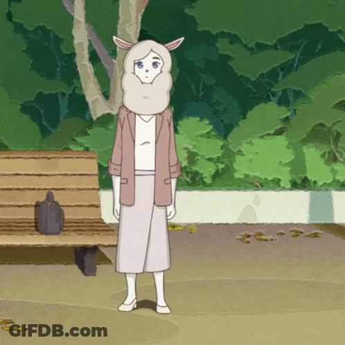 A Cartoon Of A Woman With A Sheep 'S Head Standing Next To A Bench GIF