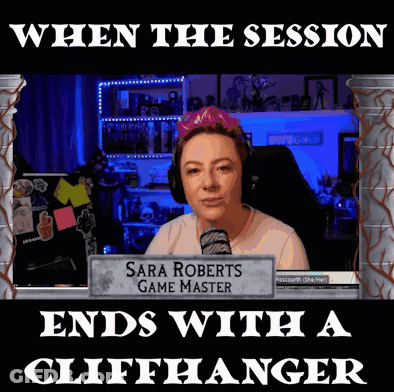 A Cartoon Of A Woman With A Sign That Says " Sara Roberts Game Master " GIF